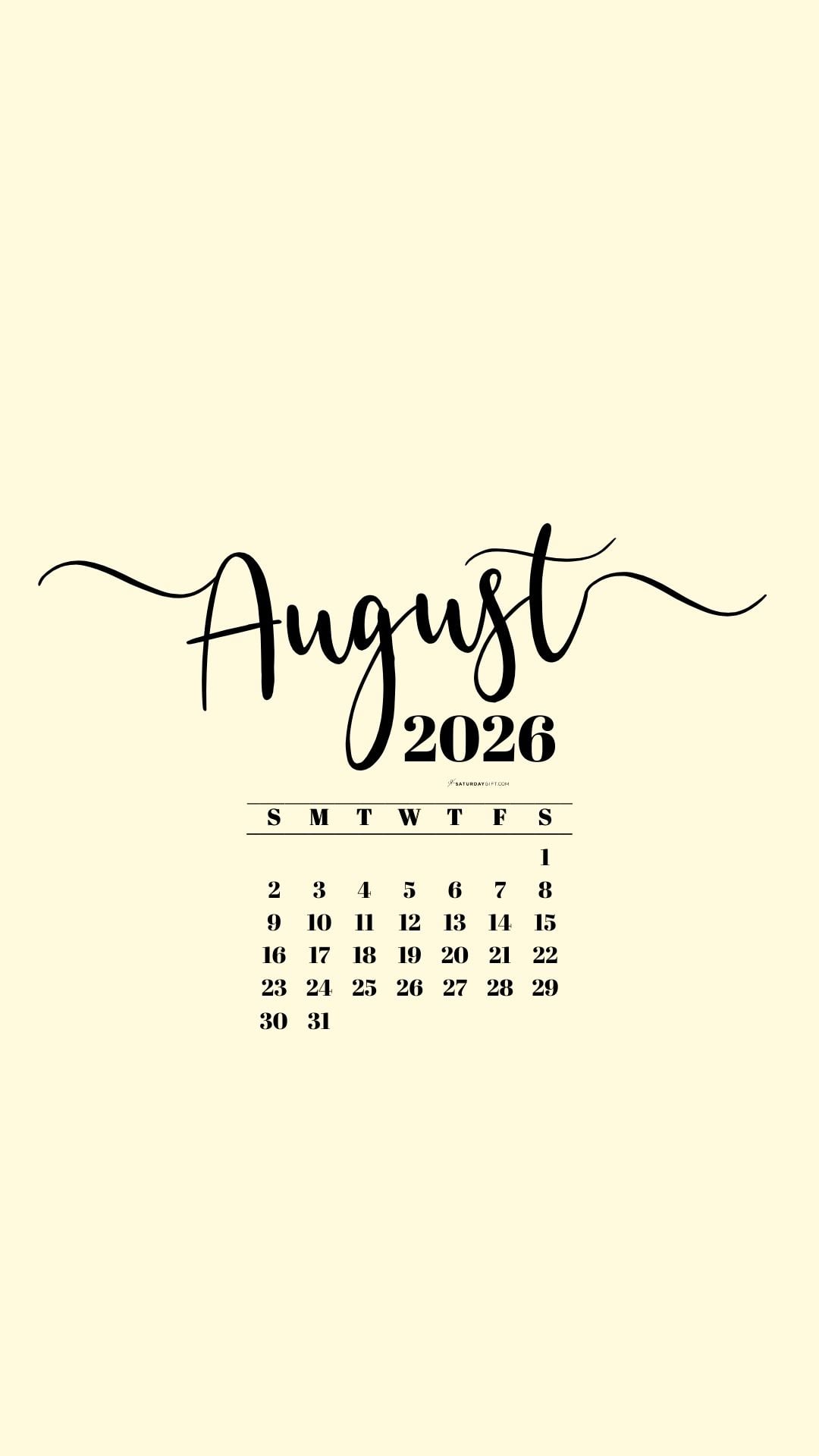 August 2026 Phone Background Wallpaper - Yellow | SaturdayGift