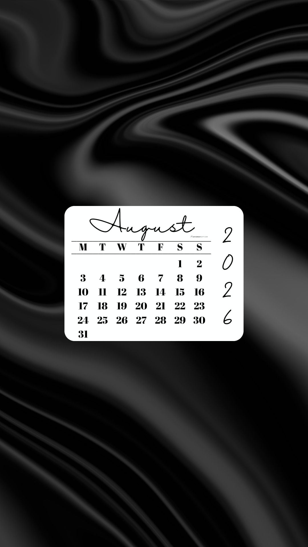 August 2026 Phone Wallpaper Background - Black Satin | SaturdayGift