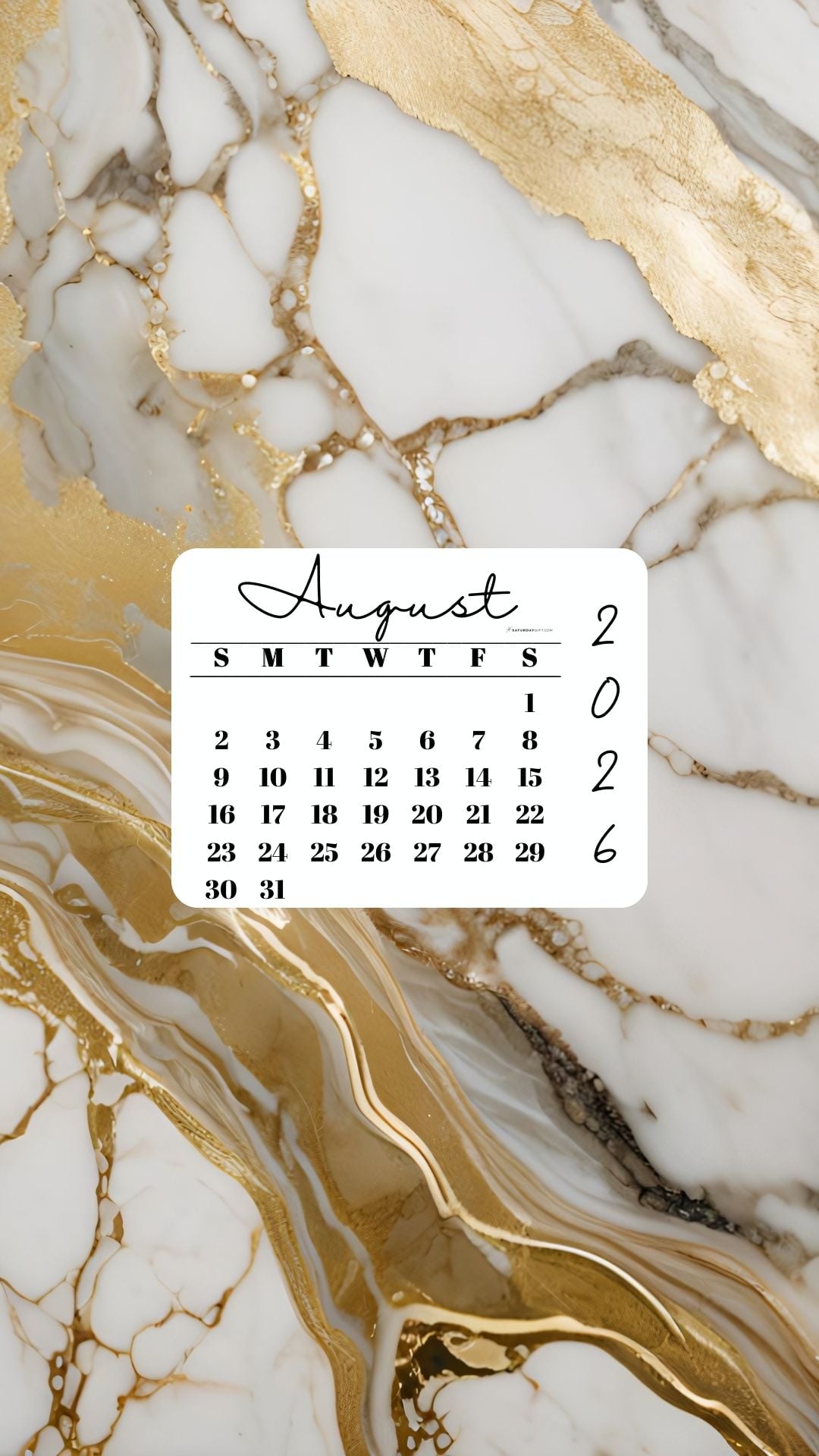 August 2026 Phone Wallpaper Background - Gold Marble | SaturdayGift