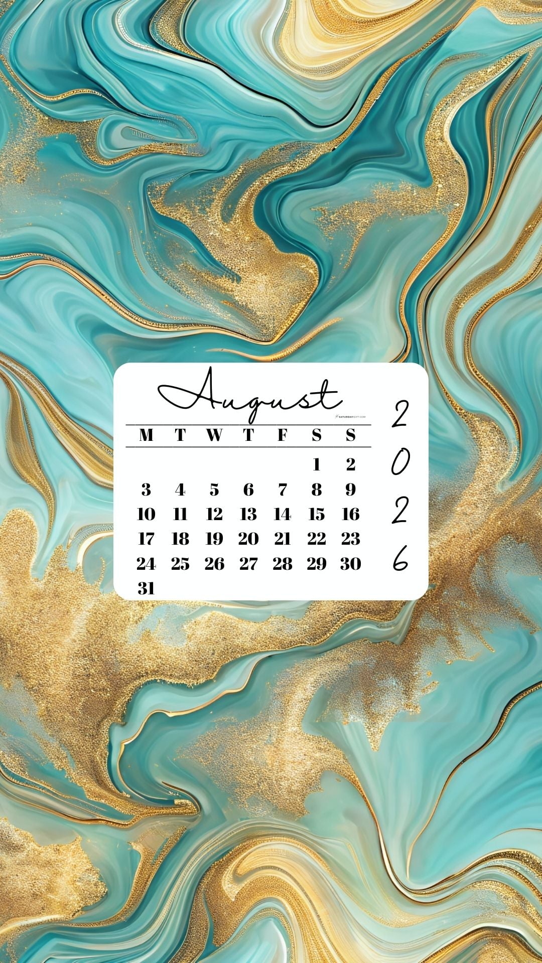 August 2026 Phone Wallpaper Background - Gold & Turquoise | SaturdayGift