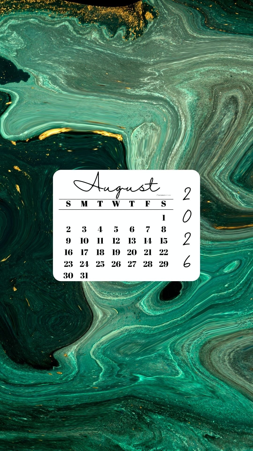 August 2026 Phone Wallpaper Background - Green & Gold | SaturdayGift