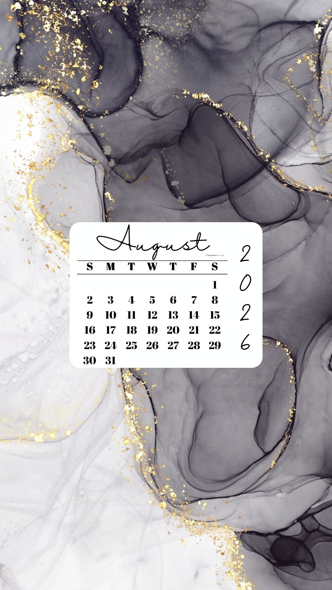 August 2026 Phone Wallpaper Background - Grey & Gold | SaturdayGift