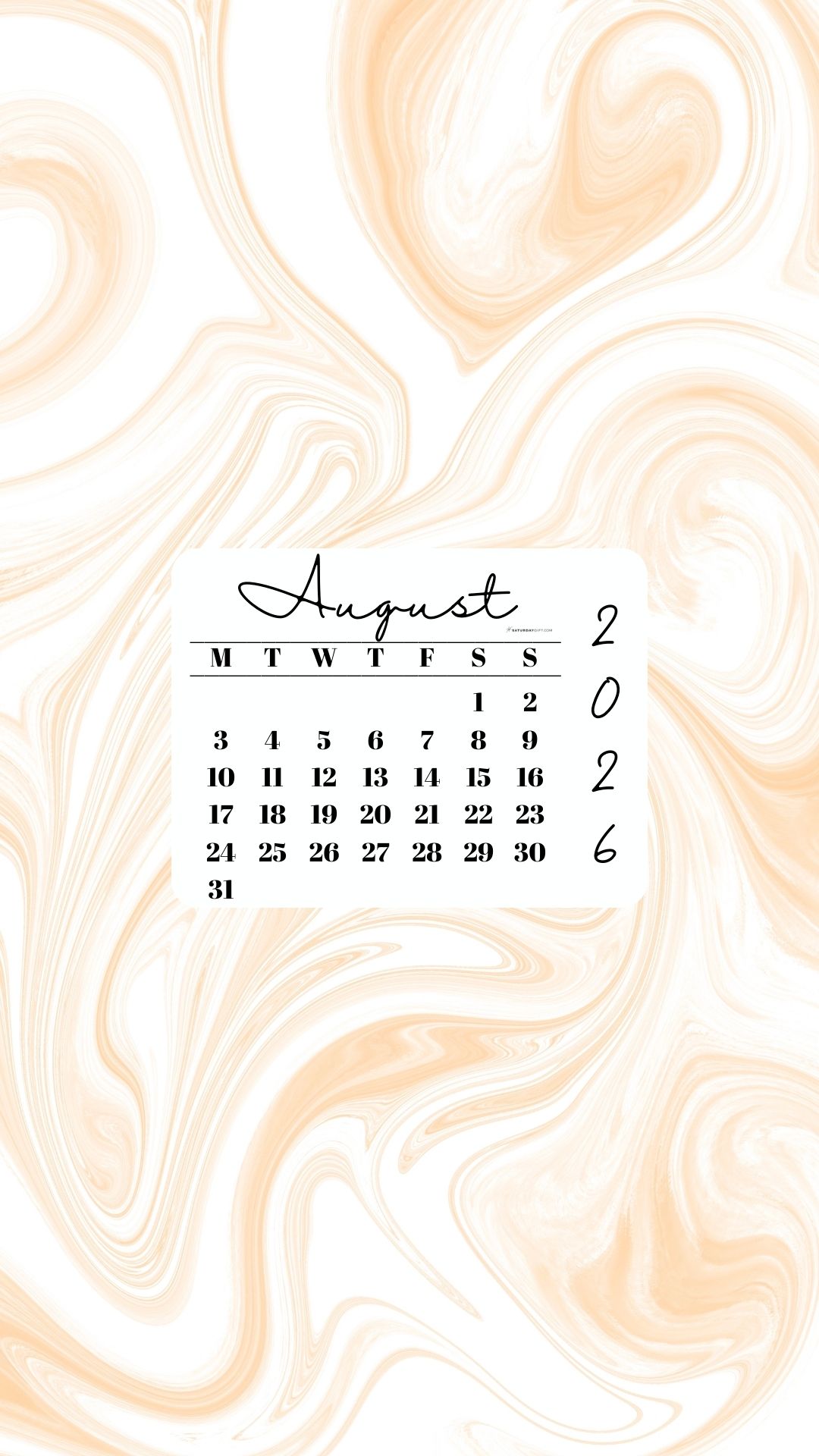 August 2026 Phone Wallpaper Background - Light Marble | SaturdayGift