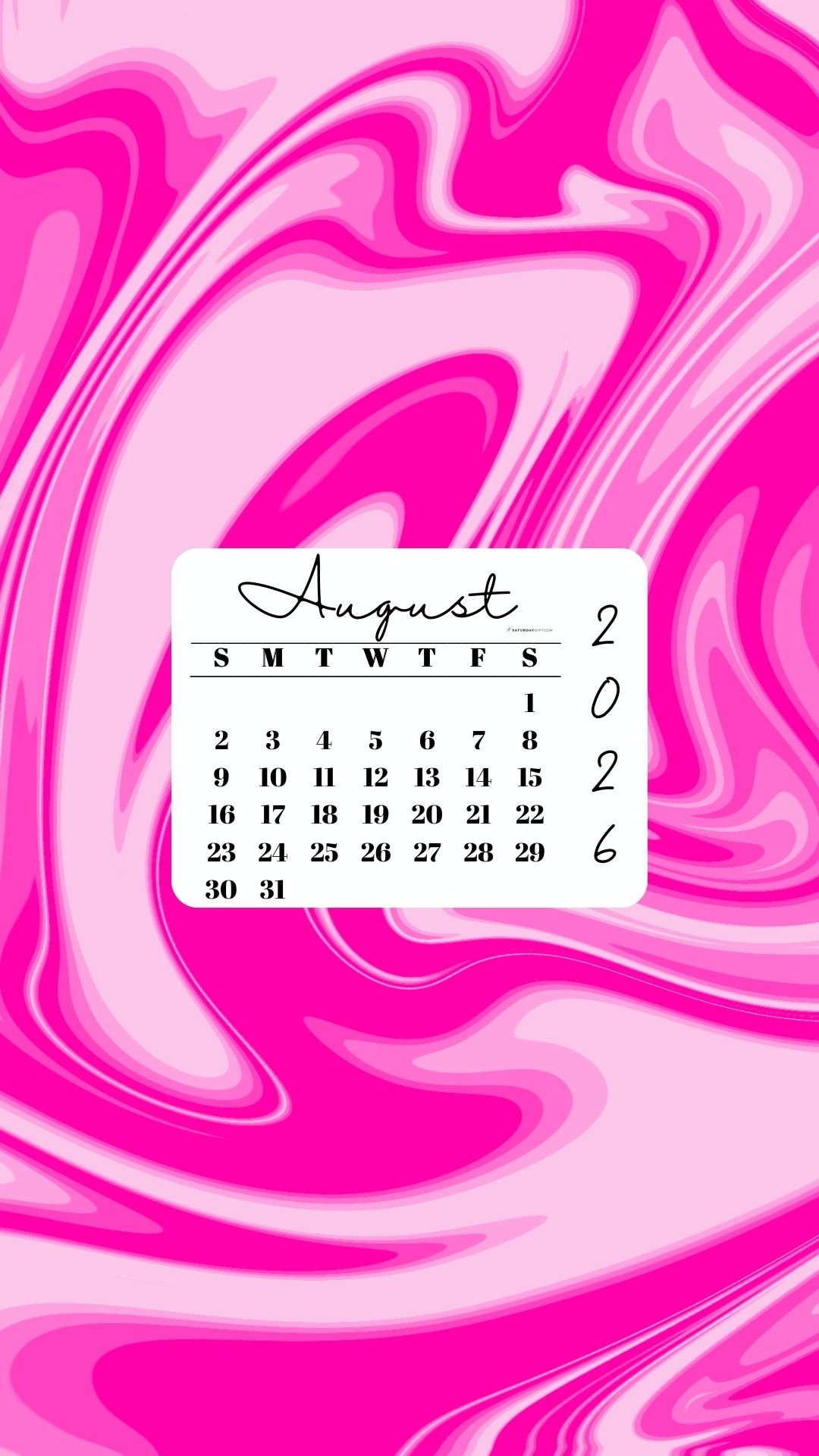 August 2026 Phone Wallpaper Background - Liquid Pink | SaturdayGift