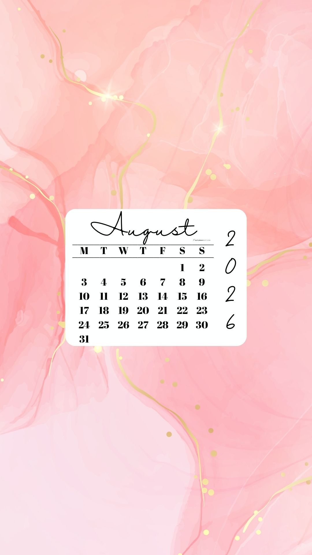 August 2026 Phone Wallpaper Background - Peach & Gold | SaturdayGift