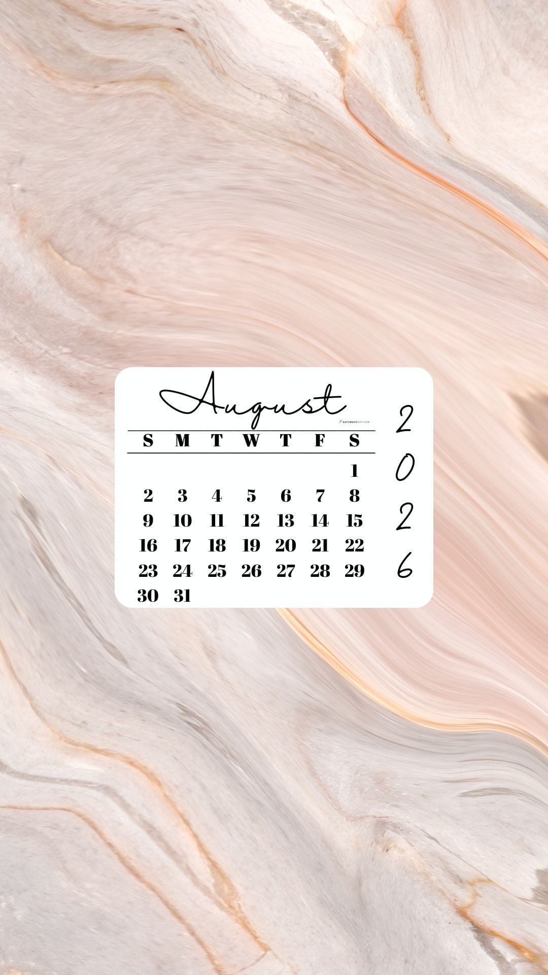 August 2026 Phone Wallpaper Background - Peach Marble | SaturdayGift