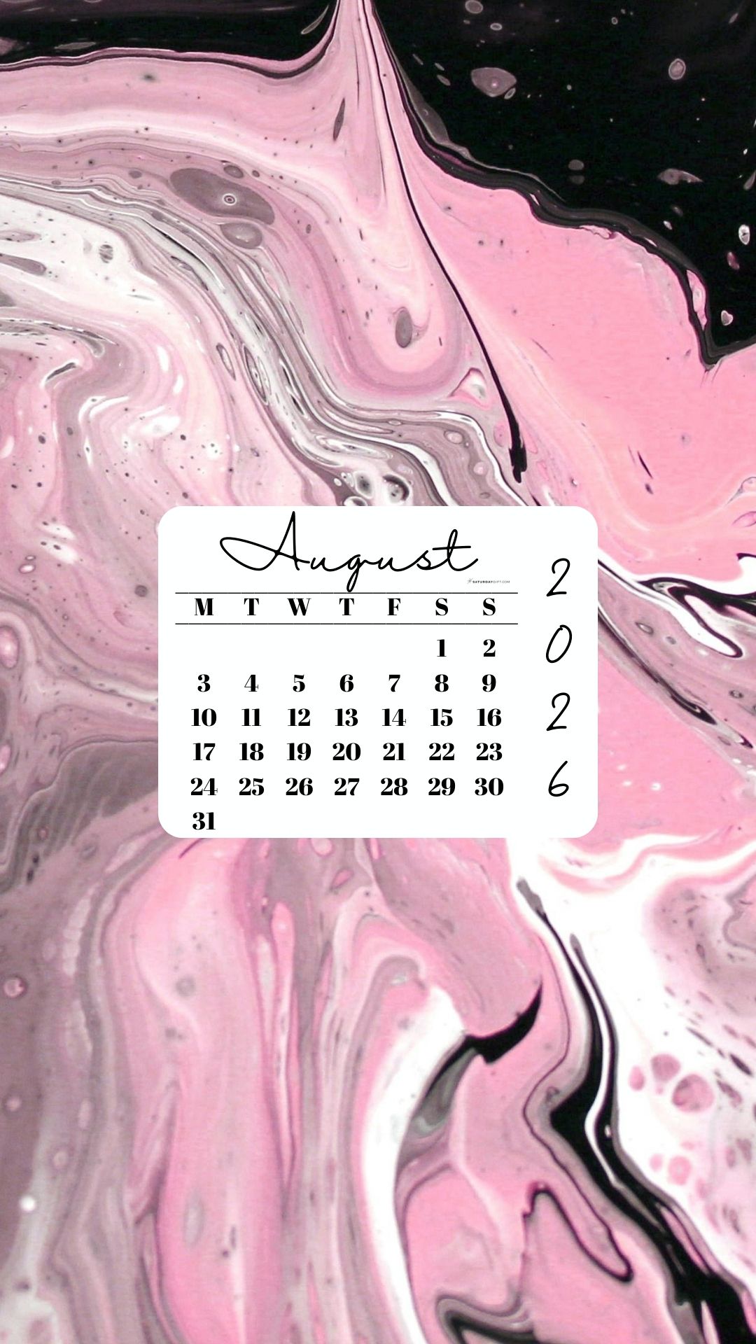 August 2026 Phone Wallpaper Background - Pink & Black | SaturdayGift