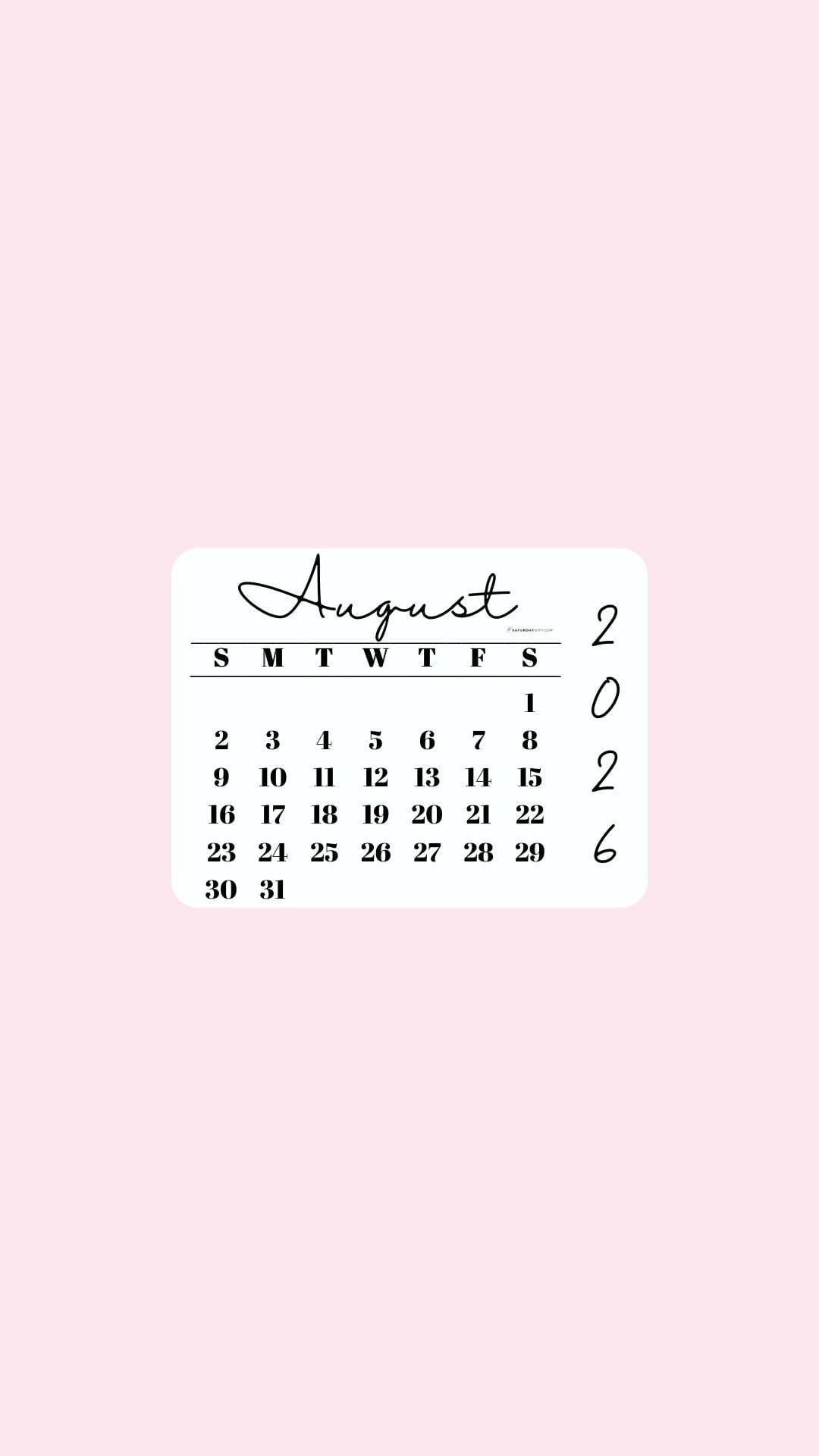 August 2026 Phone Wallpaper Background - Simple Pink | SaturdayGift