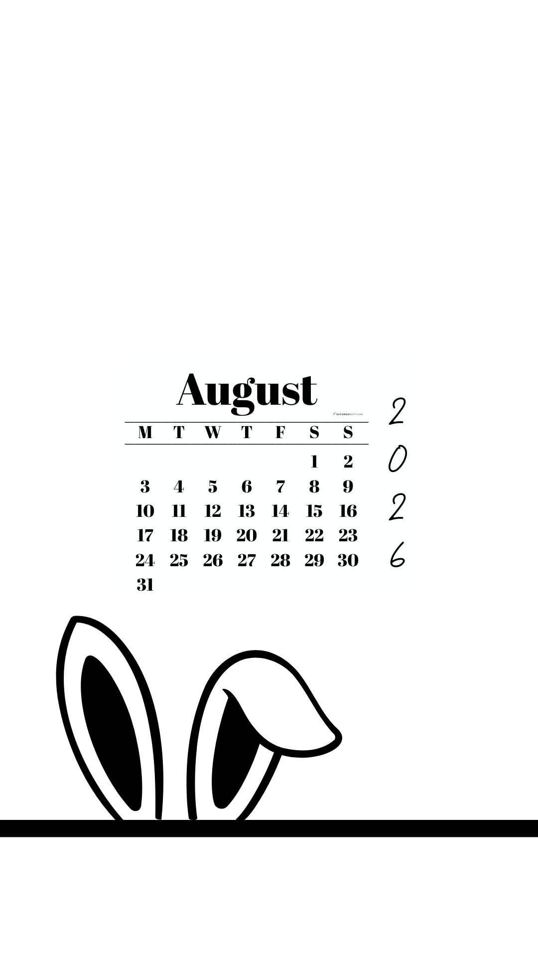 August 2026 Wallpaper for Phone - Shy Bunny | SaturdayGift