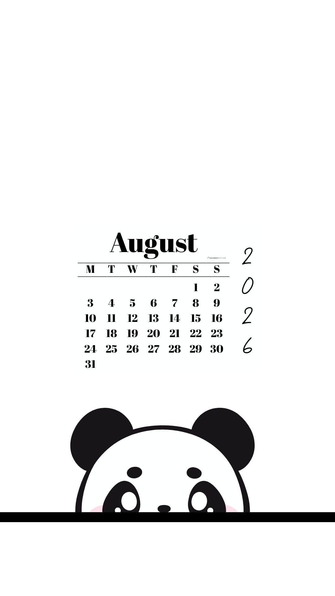August 2026 Wallpaper for Phone - Shy Panda | SaturdayGift