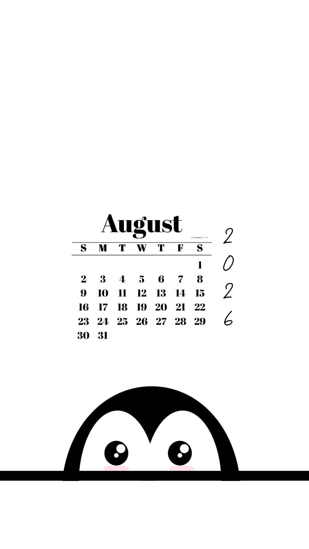 August 2026 Wallpaper for Phone - Shy Penguin | SaturdayGift