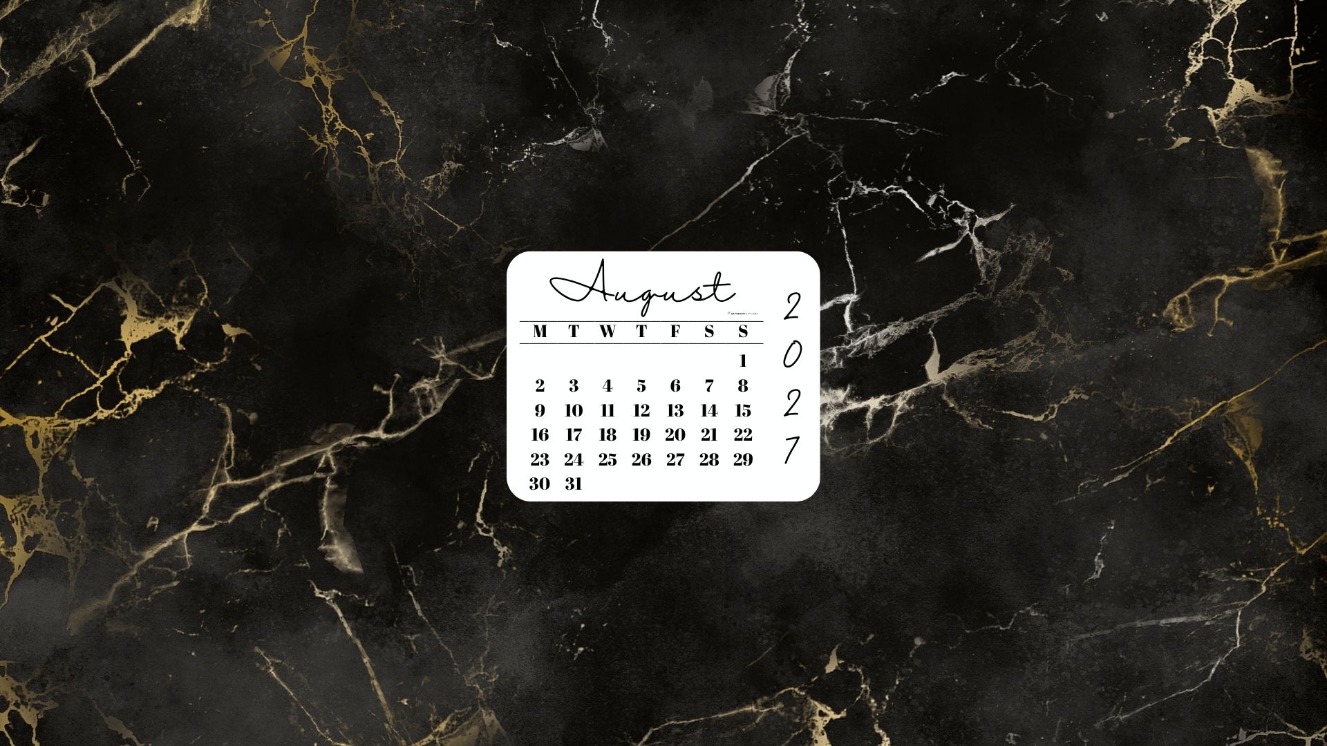 August 2027 Desktop Wallpaper Background - Black & Gold Marble | SaturdayGift