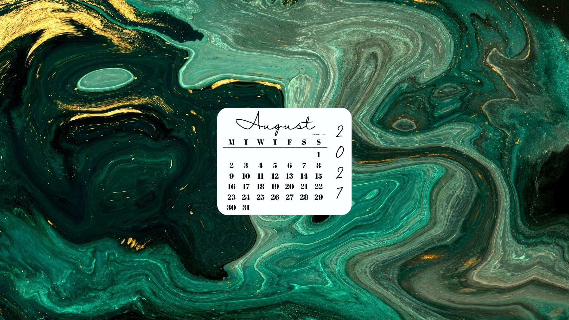August 2027 Desktop Wallpaper Background - Green & Gold | SaturdayGift