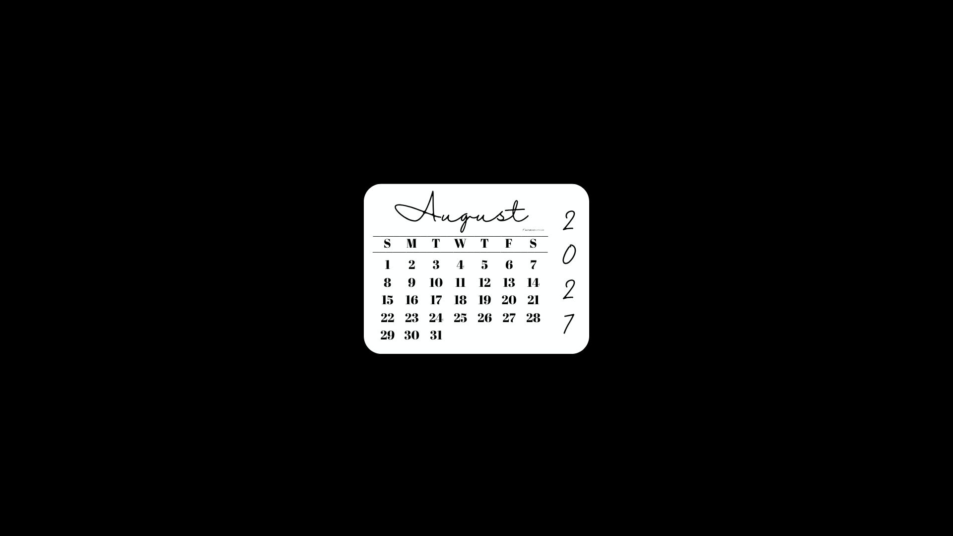 August 2027 Desktop Wallpaper Background - Minimal Black | SaturdayGift