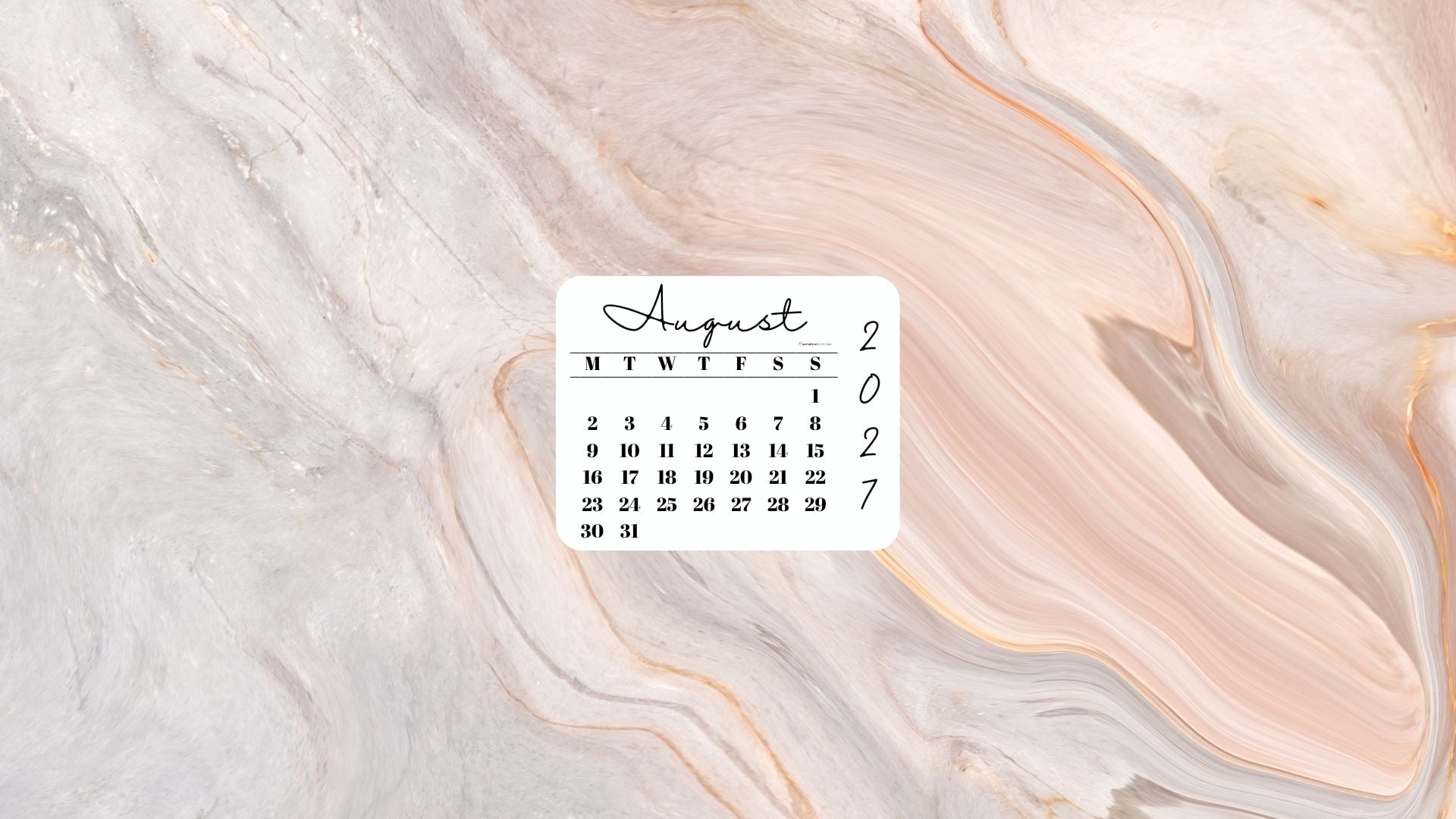 August 2027 Desktop Wallpaper Background - Peach Marble | SaturdayGift