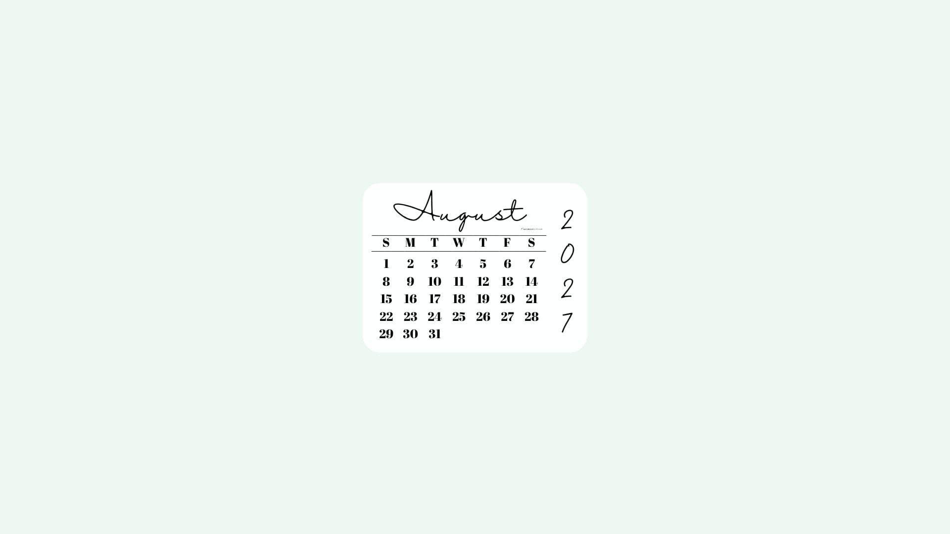 August 2027 Desktop Wallpaper Background - Simple Green | SaturdayGift