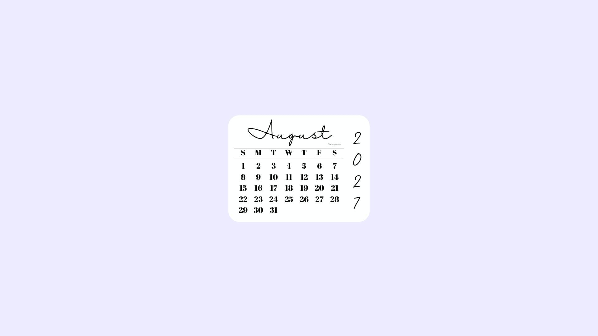 August 2027 Desktop Wallpaper Background - Simple Lilac | SaturdayGift