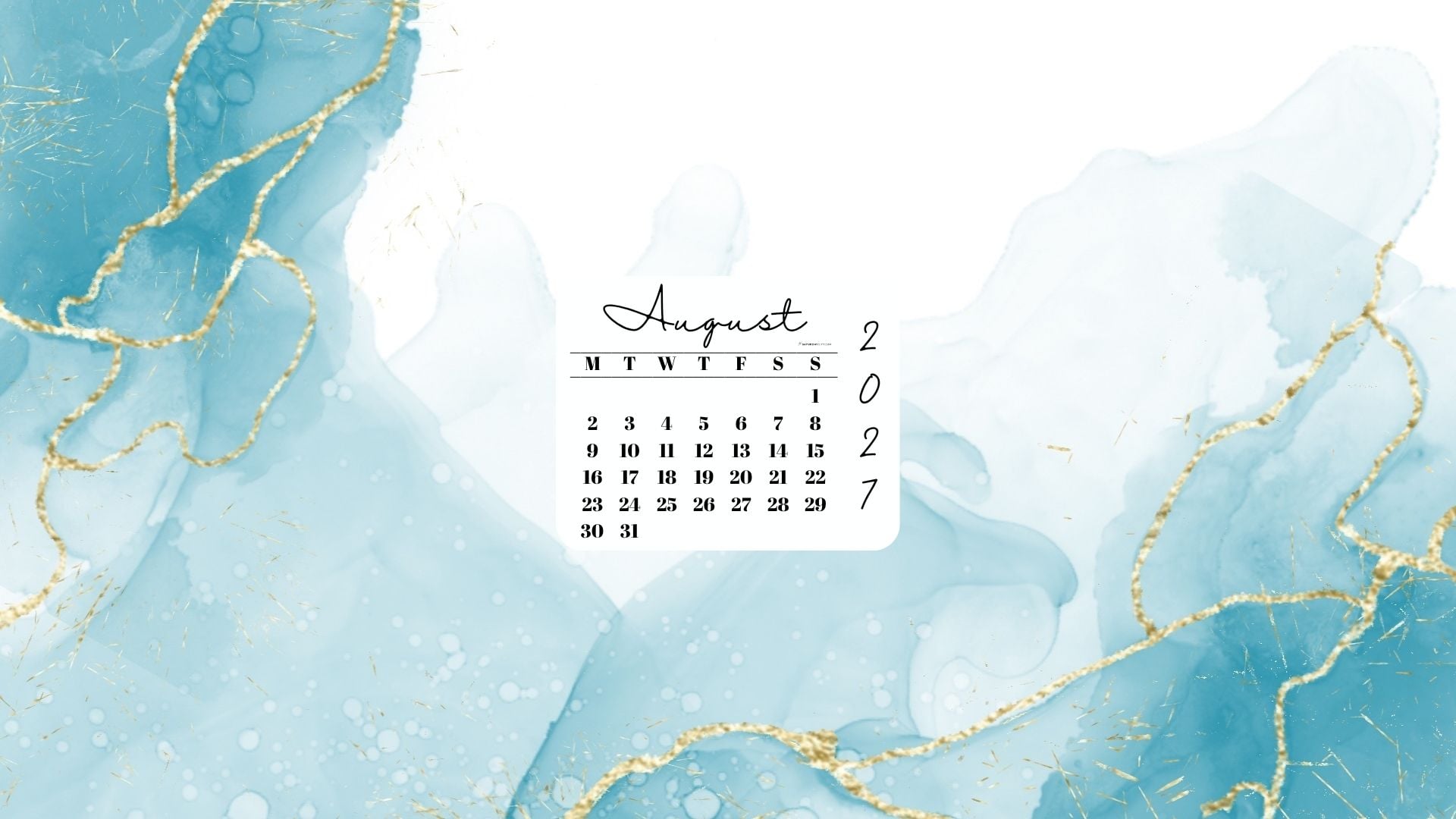August 2027 Desktop Wallpaper Background - Turquoise Marble | SaturdayGift