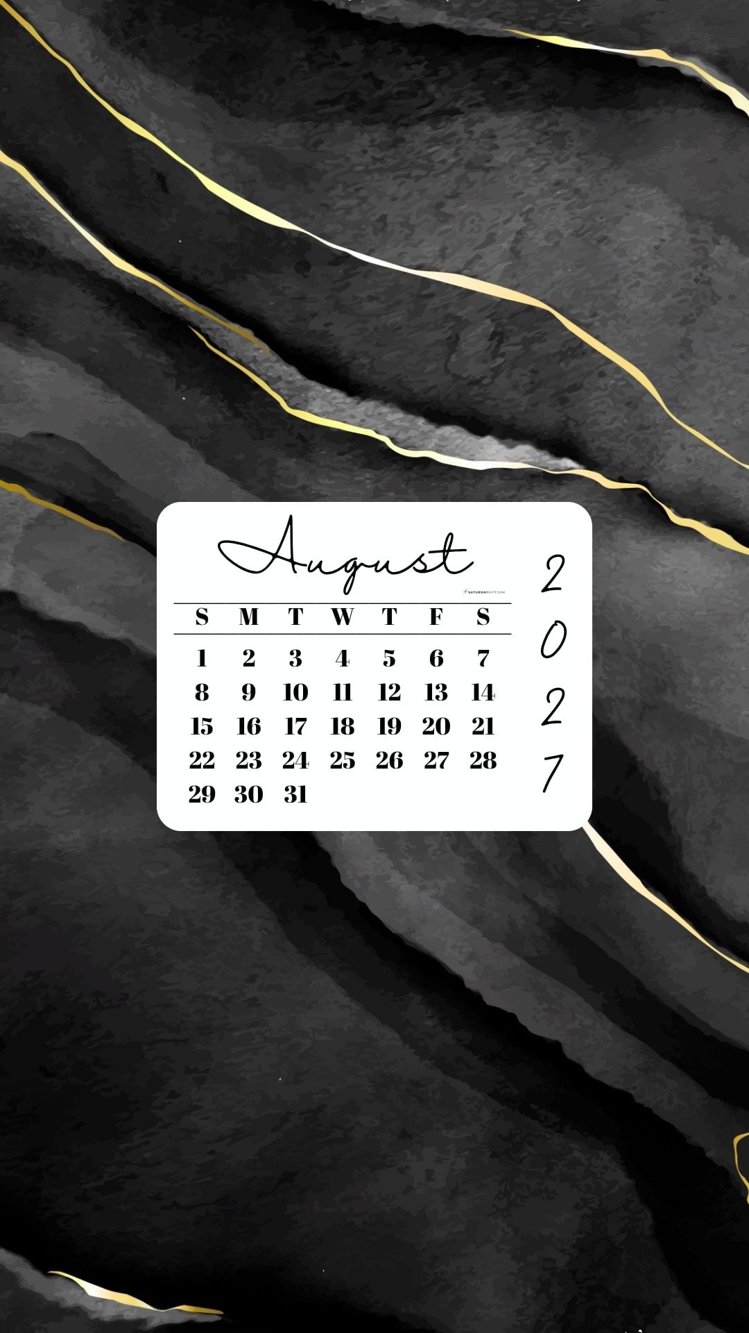 August 2027 Phone Wallpaper Background - Black & Gold Watercolor | SaturdayGift