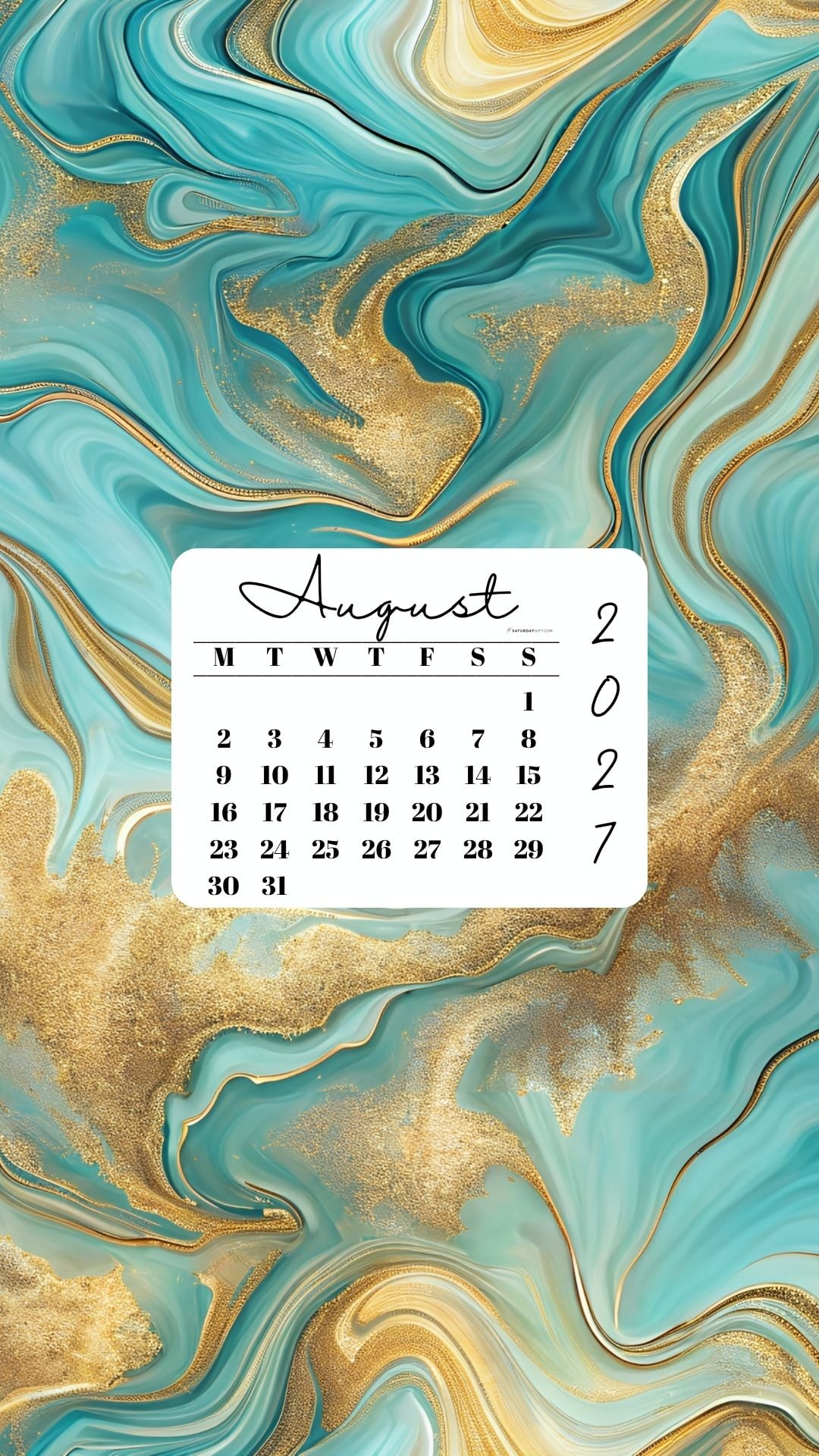 August 2027 Phone Wallpaper Background - Gold & Turquoise | SaturdayGift