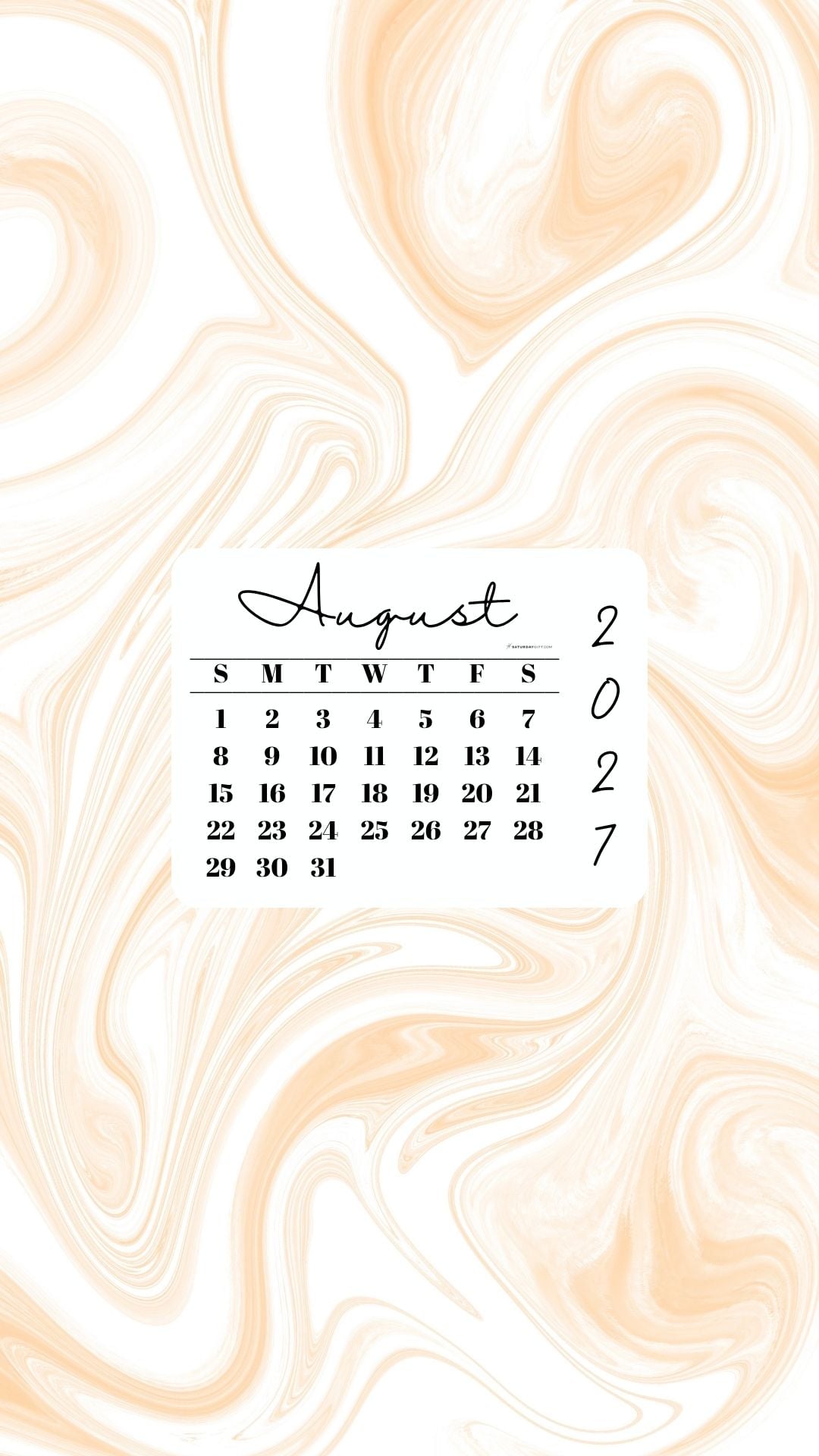 August 2027 Phone Wallpaper Background - Light Marble | SaturdayGift
