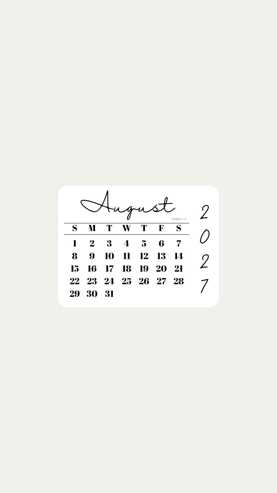 August 2027 Phone Wallpaper Background - Minimal Beige | SaturdayGift