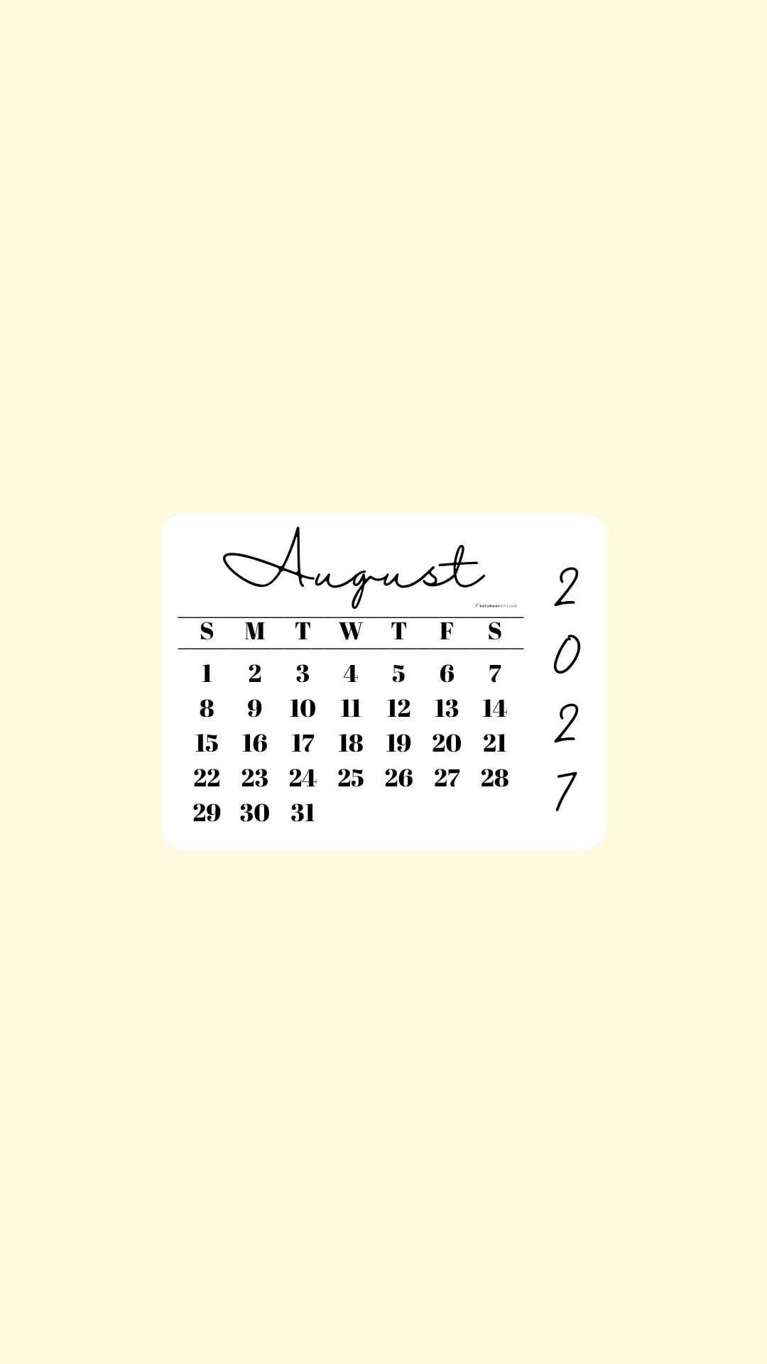 August 2027 Phone Wallpaper Background - Minimal Yellow | SaturdayGift