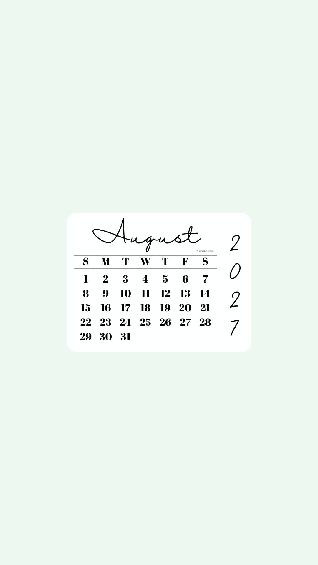 August 2027 Phone Wallpaper Background - Simple Green | SaturdayGift