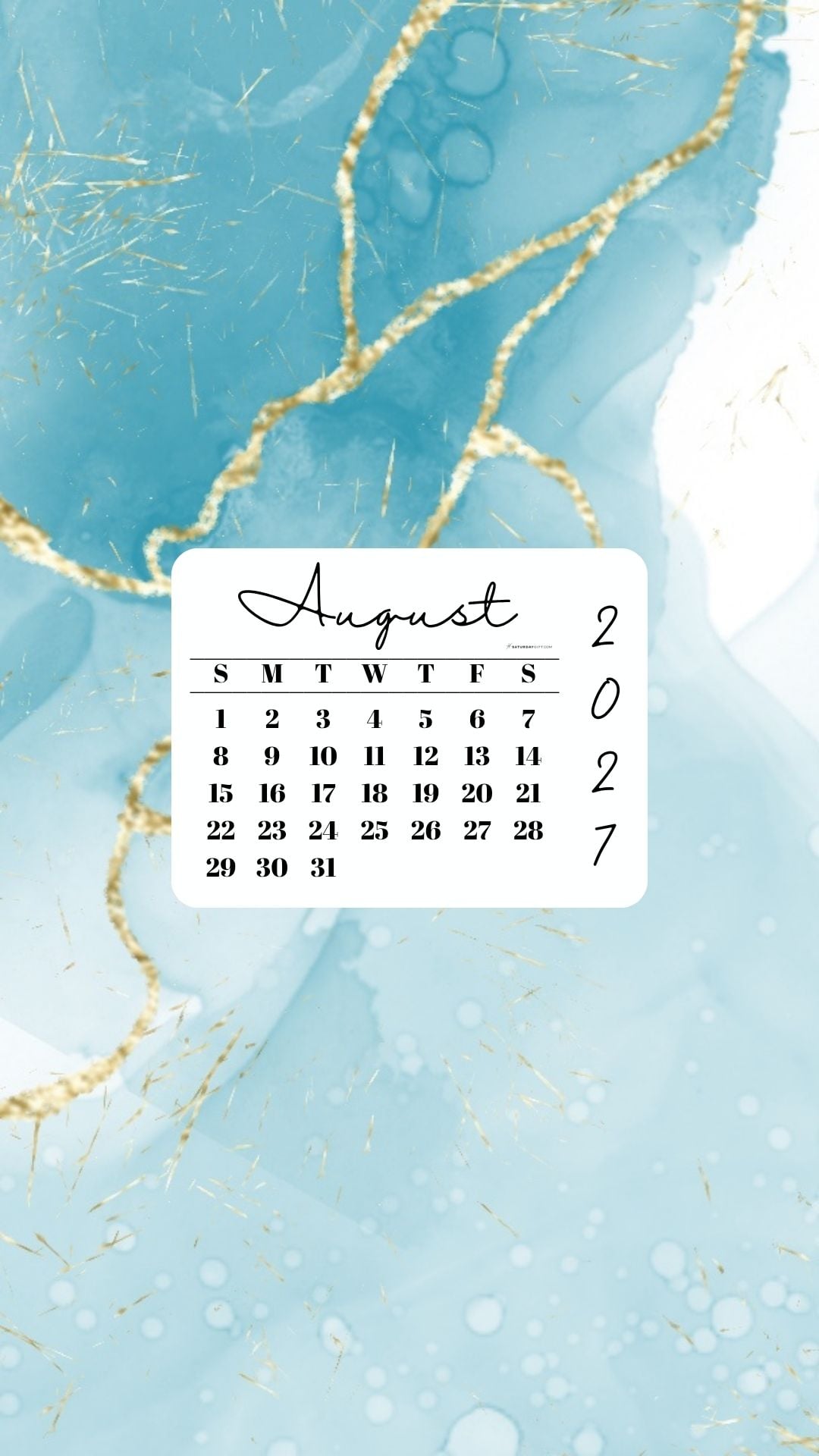 August 2027 Phone Wallpaper Background - Turquoise Marble | SaturdayGift