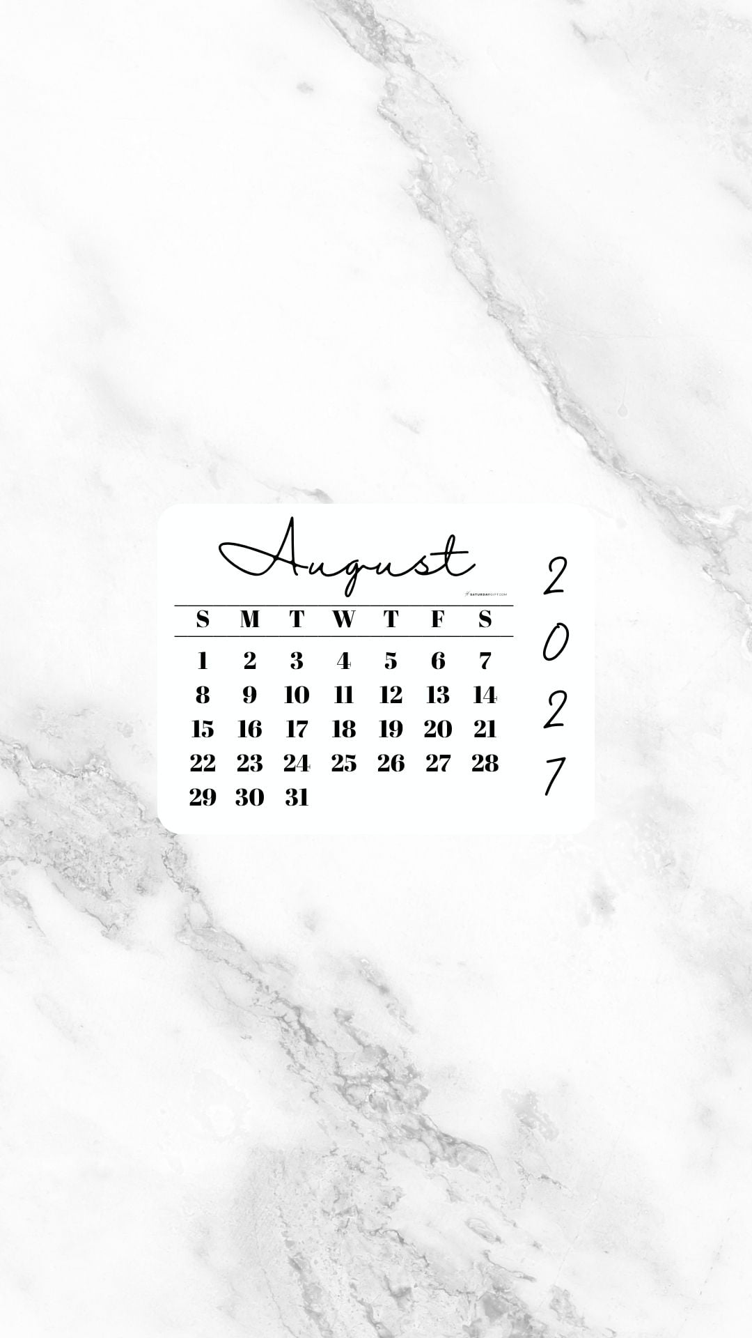 August 2027 Phone Wallpaper Background - White Marble | SaturdayGift