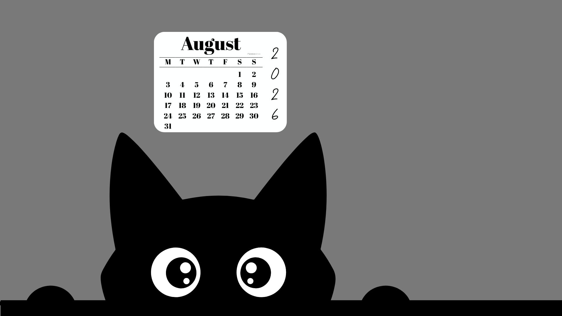 August Calendar 2026 Desktop Background - Shy Cat Grey | SaturdayGift