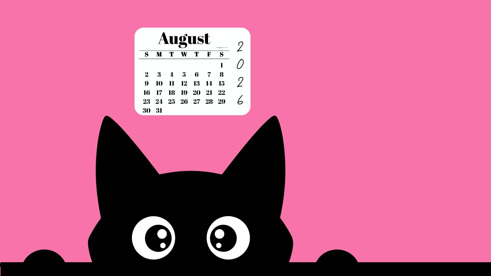 August Calendar 2026 Desktop Background - Shy Cat Pink | SaturdayGift