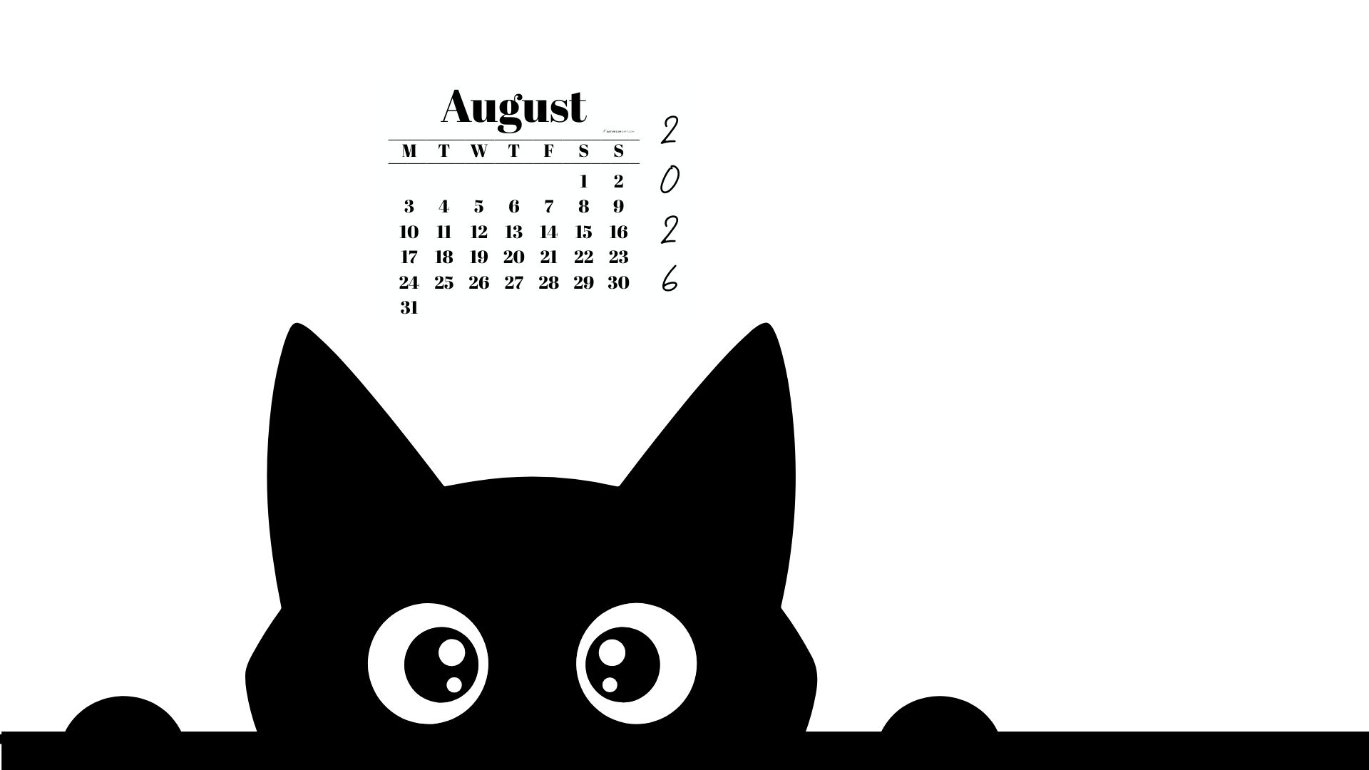 August Calendar 2026 Desktop Background - Shy Cat White | SaturdayGift
