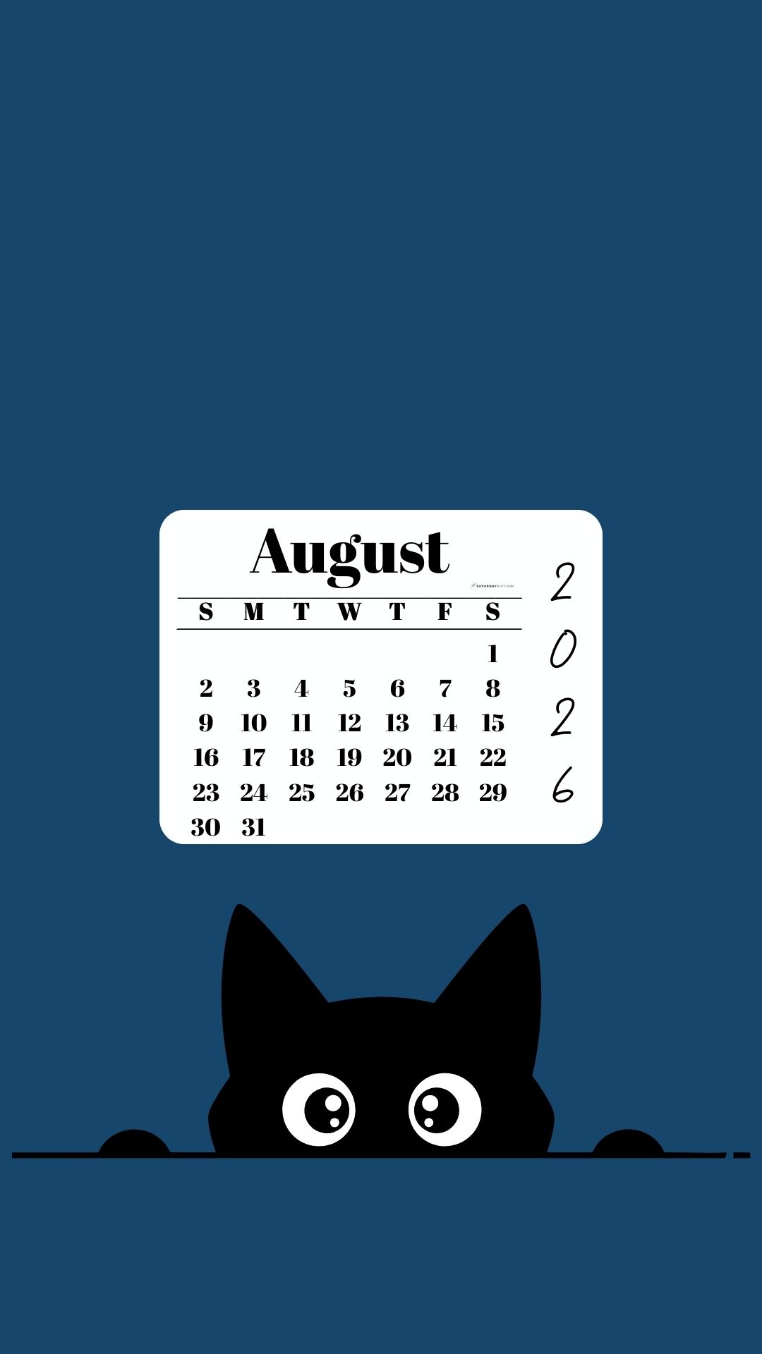 August Calendar 2026 Phone Background - Shy Cat Blue | SaturdayGift