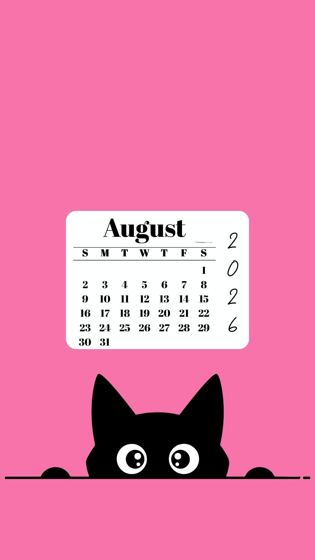 August Calendar 2026 Phone Background - Shy Cat Pink | SaturdayGift