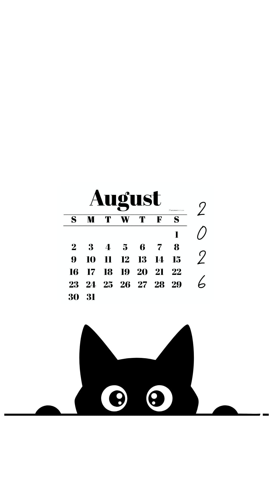 August Calendar 2026 Phone Background - Shy Cat White | SaturdayGift