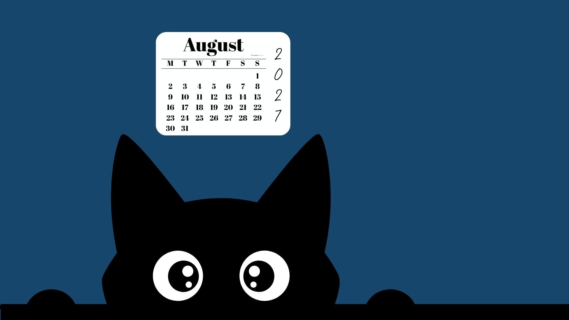 August Calendar Desktop Background 2027 - Shy Cat Blue | SaturdayGift