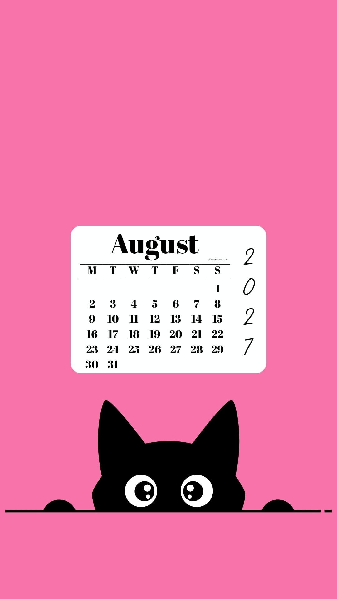 August Calendar Phone Background - Shy Cat Pink | SaturdayGift