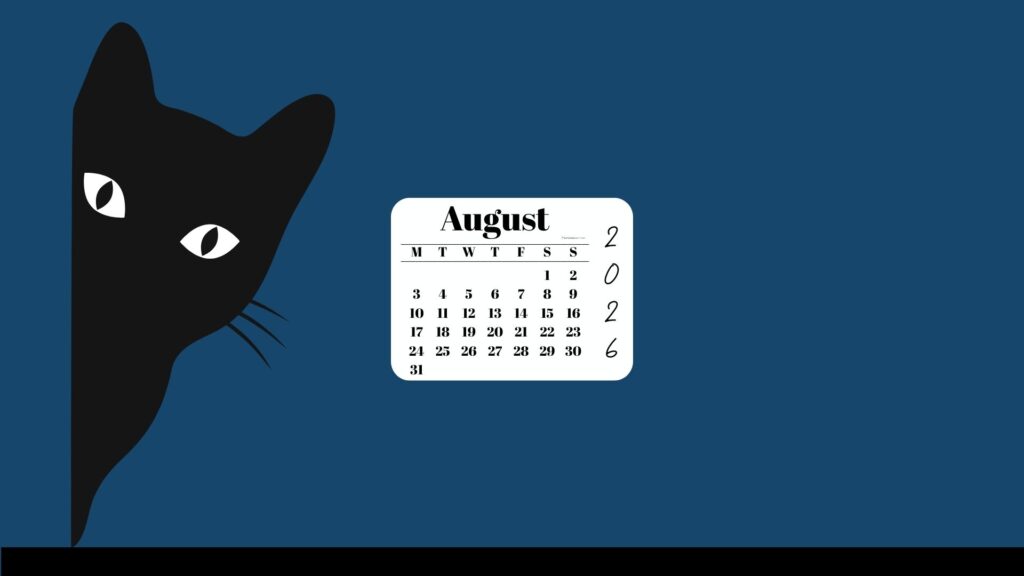 August Desktop Wallpaper 2026 - Black Cat Blue Background | SaturdayGift