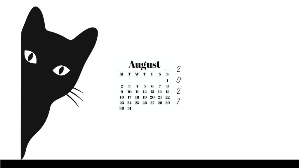August Desktop Wallpaper 2027 - Black Cat White Background | SaturdayGift