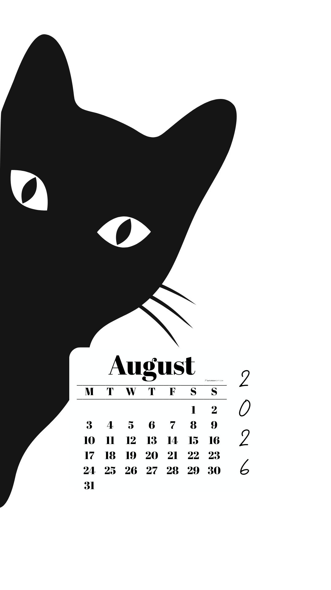 August Phone Wallpaper 2026 - Black Cat White Background | SaturdayGift