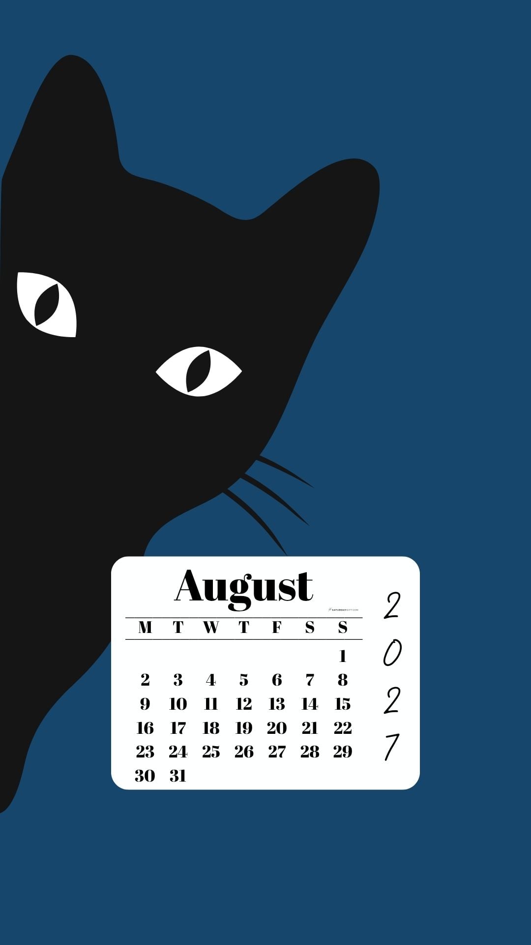 August Phone Wallpaper 2027 - Black Cat Blue Background | SaturdayGift
