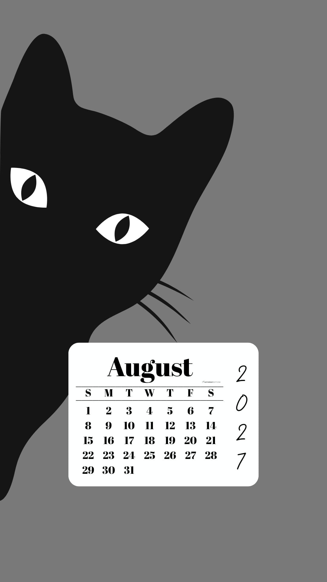 August Phone Wallpaper 2027 - Black Cat Grey Background | SaturdayGift