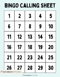 BIngo calling sheet - free printable | SaturdayGift