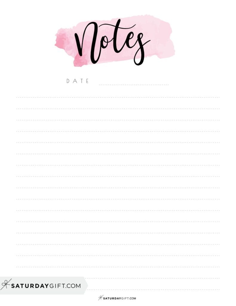 Beautiful pink printable watercolor note pages | SaturdayGift