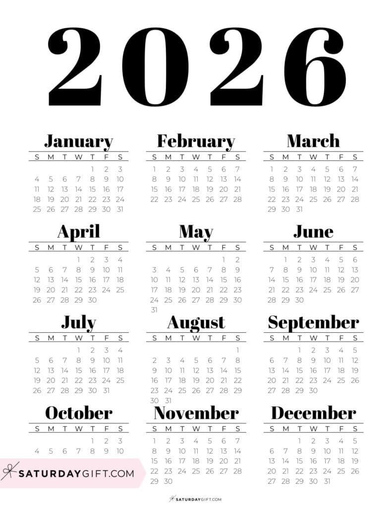 Black & White 2026 Annual Calendar Printable with Bold Letters Portrait | SaturdayGift