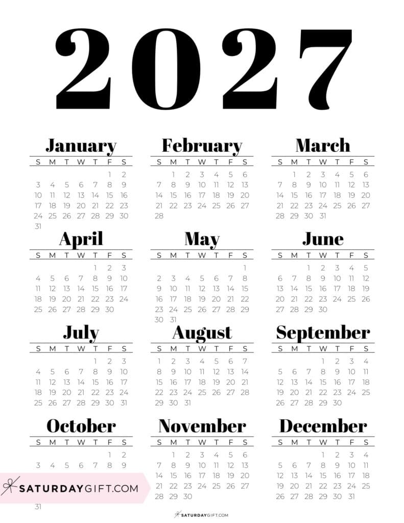 Black & White 2027 Annual Calendar Printable with Bold Letters Portrait