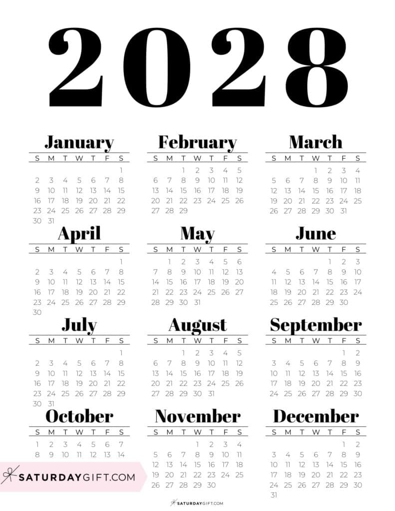 Black & White 2028 Annual Calendar Printable with Bold Letters Portrait