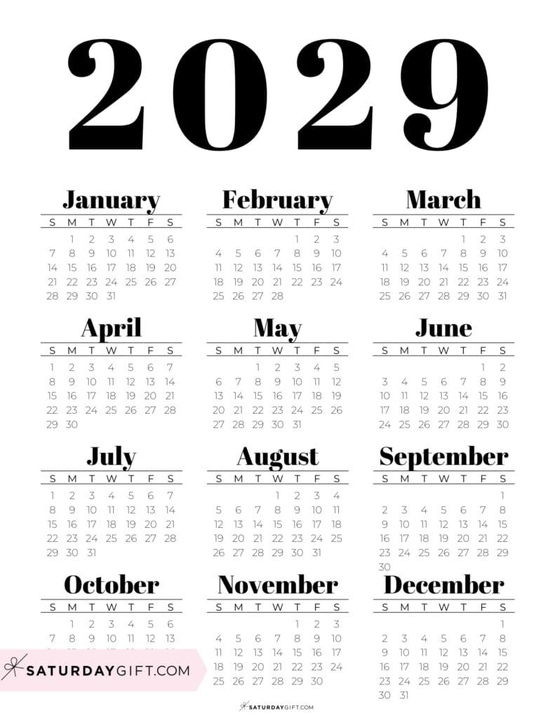 Black & White 2029 Annual Calendar Printable with Bold Letters Portrait