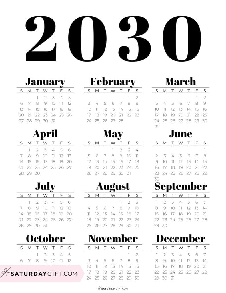 Black & White 2030 Annual Calendar Printable with Bold Letters Portrait